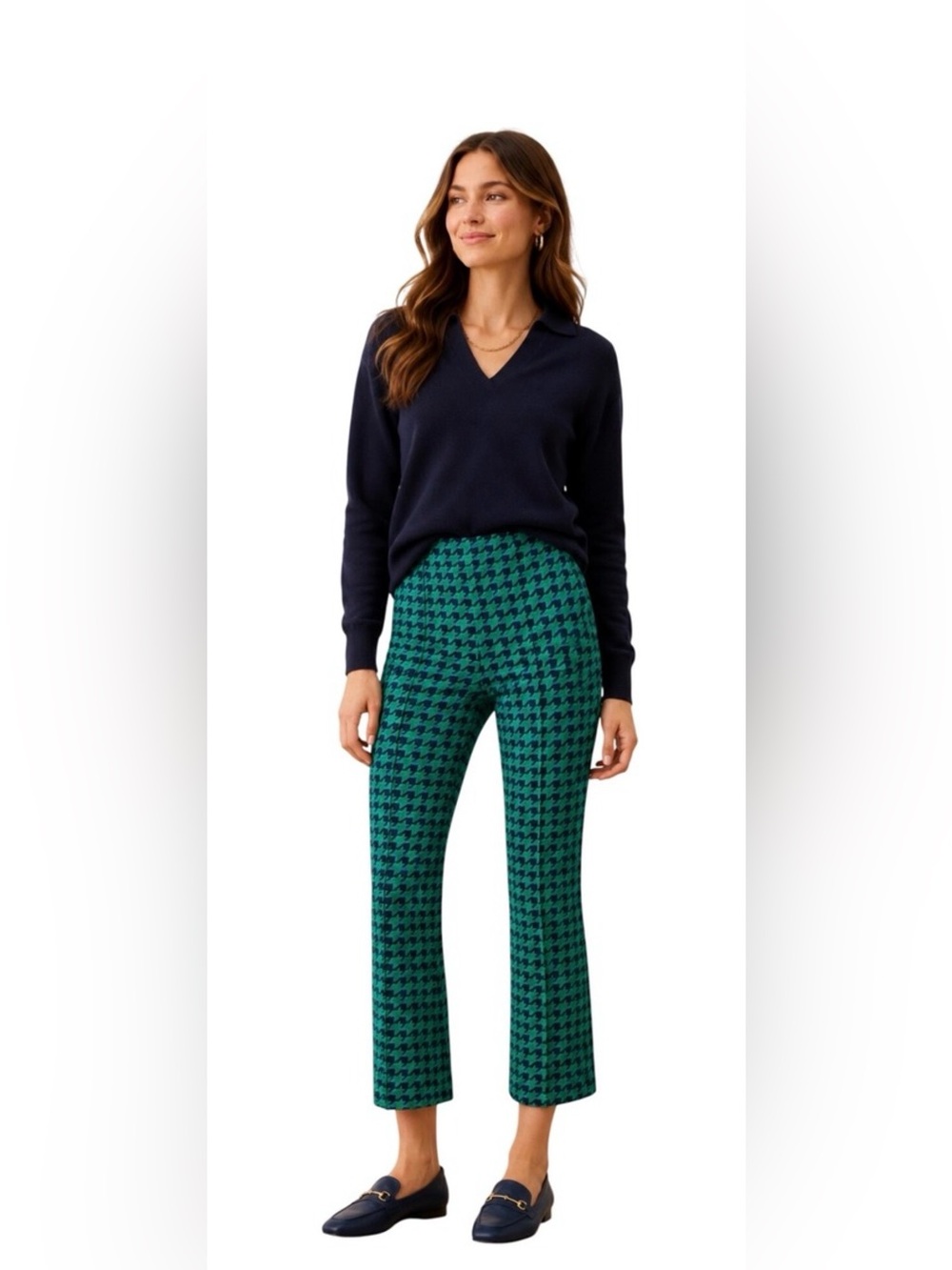 Maeve by Anthropologie The Margot Kick Flare Pants Green Blue Houndstooth Medium
